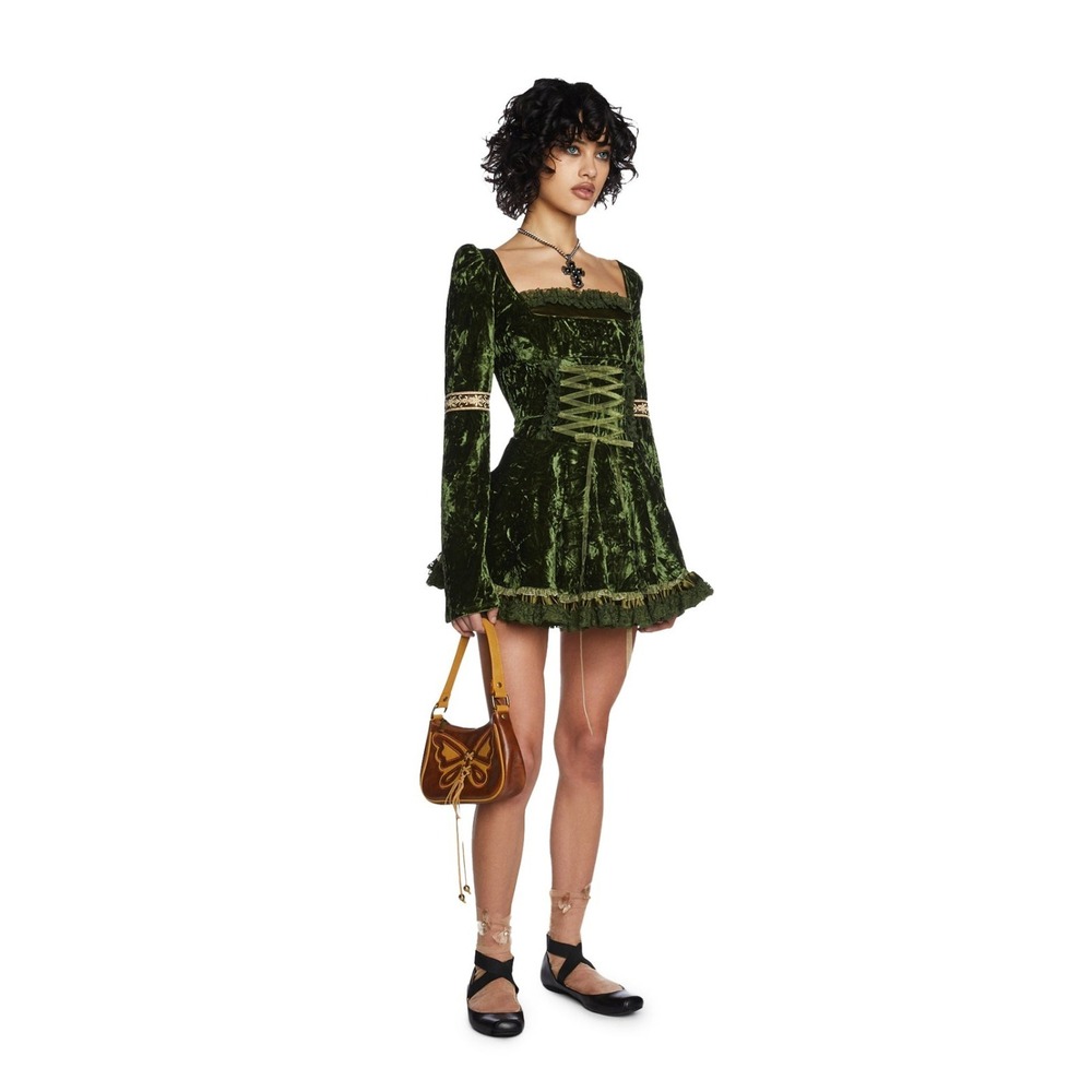 Current Mood Olive Velvet Fairycore Handkerchief Mini Dress Goth Fae Small